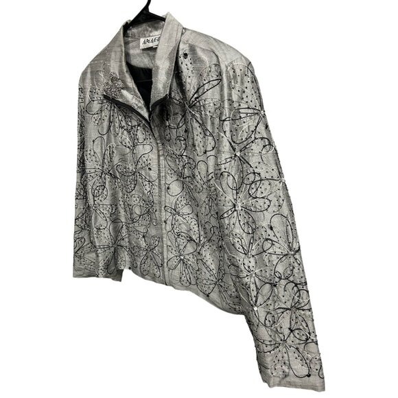 Anage Womens Silver Silk Embroidered Jacket Black Floral Design Sz Large - Picture 3 of 8